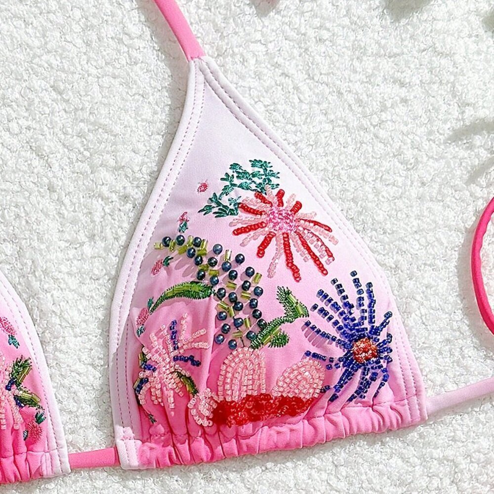 Multicolor Embroidered Halter Tie Women's Bikini Set